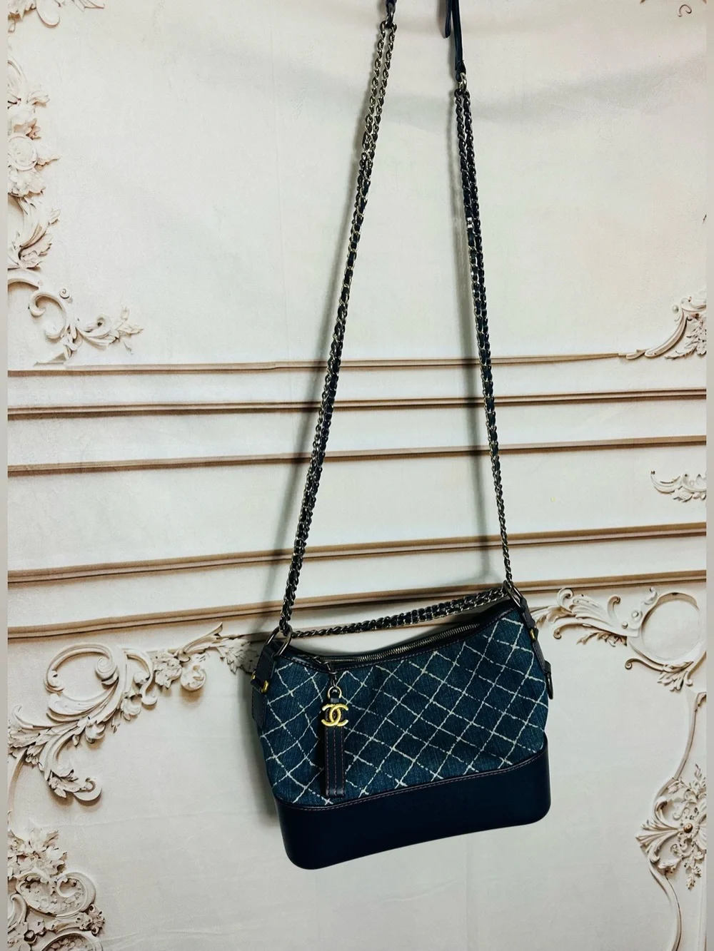 CHANEL Denim Quilted Shoulder Bag with Gold CC Charm